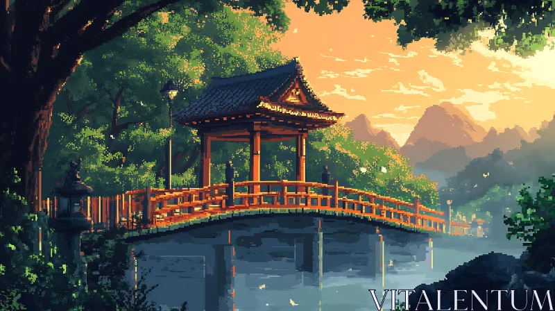 Serene Sunset at Japanese Bridge AI Image