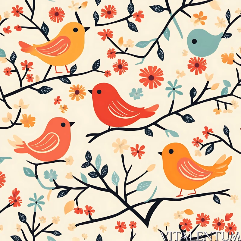 Stylized Birds on Floral Branches AI Image