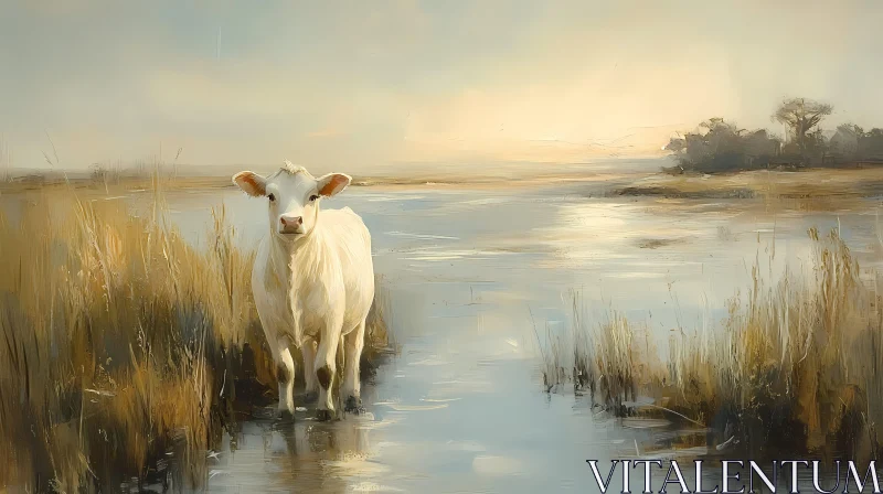 Pastoral Scene of a Cow by the Water AI Image