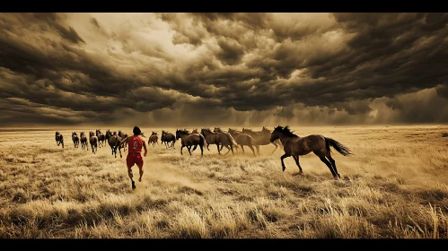 Equestrian Chase Under Stormy Skies