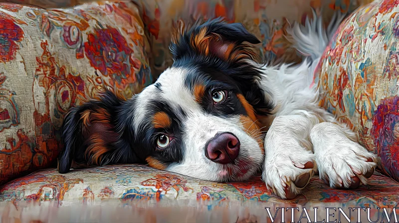 Dog Resting on Patterned Couch AI Image