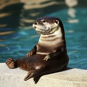 Otter Sitting by the Pool Edge