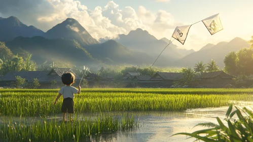 Boy with Kite in Rice Paddy Field