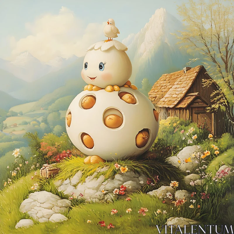 AI ART Whimsical Egg Creature with Chick Companion