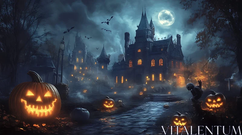 AI ART Moonlit Halloween Haunted House