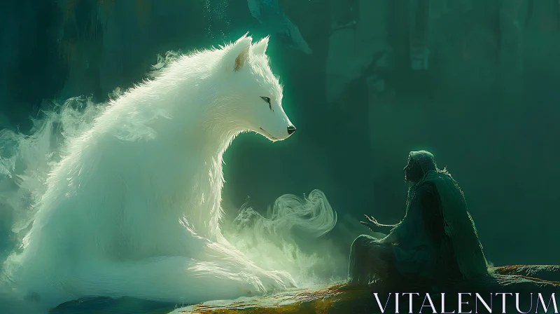 Luminous Wolf and Seated Figure AI Image