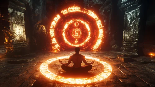 Meditating Figure Before Fiery Portal