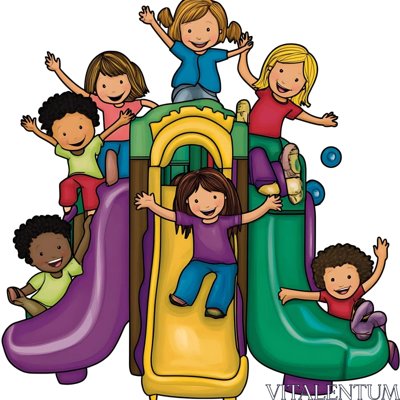 AI ART Cartoon Kids on Colorful Playground Structure