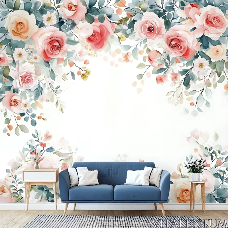 Pastel Floral Wall Art in Living Room AI Image