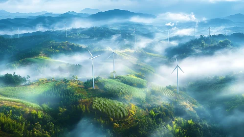 Foggy Landscape with Renewable Energy Source