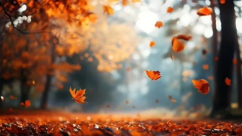 Falling Leaves in Autumn Forest