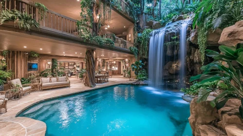 Opulent Interior with Waterfall and Surrounded by Nature