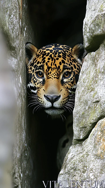 Jaguar's Intense Gaze Amidst Rock Crevice AI Image