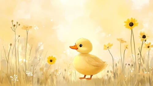 Duckling Among Yellow Flowers