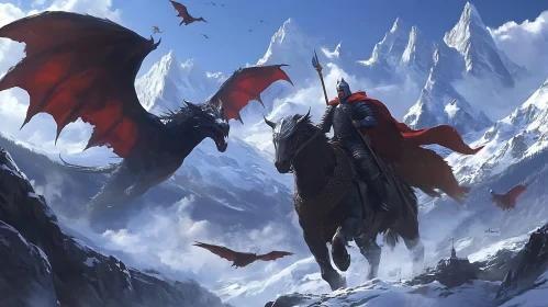 Medieval Warrior Facing Dragon in Mountains