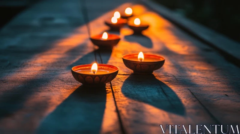 Illuminated Candles on Wood Surface AI Image