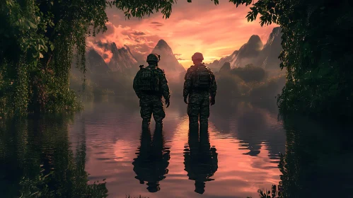 Tranquil Reflection of Soldiers at Sunset