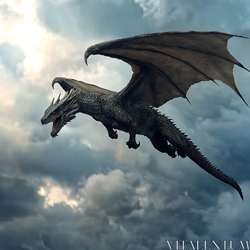 Dragon in Flight over a Cloudy Landscape AI Image