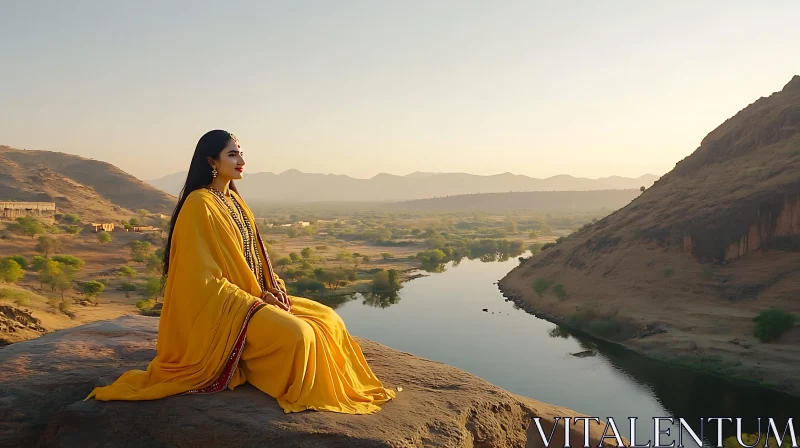 Woman in Yellow by Mountain River AI Image