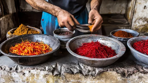 Colorful Spices in Traditional Bowls