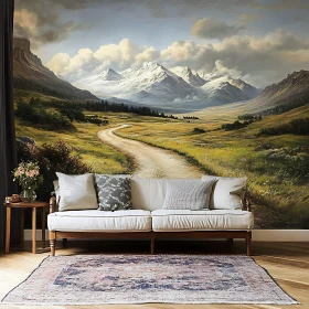 Living Room with Elegant Mountain Mural