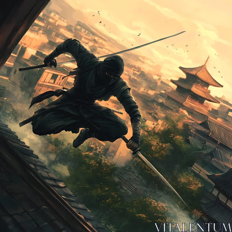 Stealthy Ninja Overlooking Ancient City AI Image