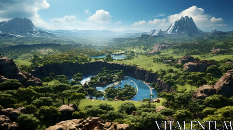 Fantasy Valley: 3D Illustrated Mythological Landscape AI Image