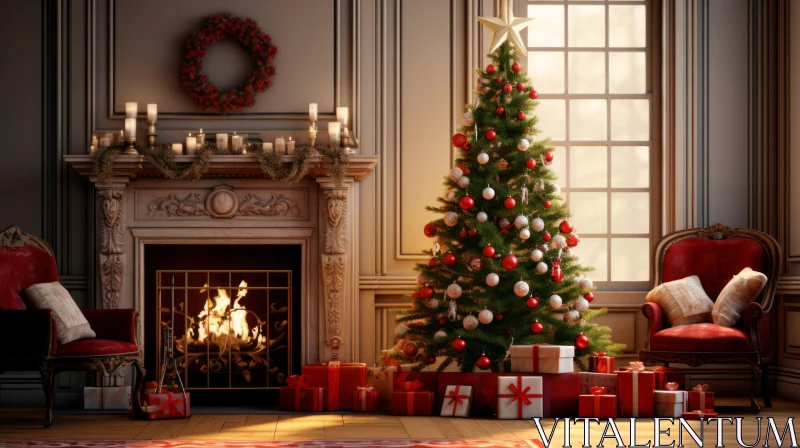 Festive Christmas Tree by a Fireplace in a Cozy Home AI Image