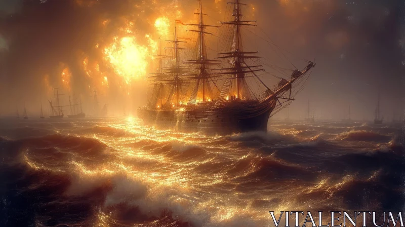 Fiery Ocean: An Old Ship Sailing in Inclement Weather AI Image
