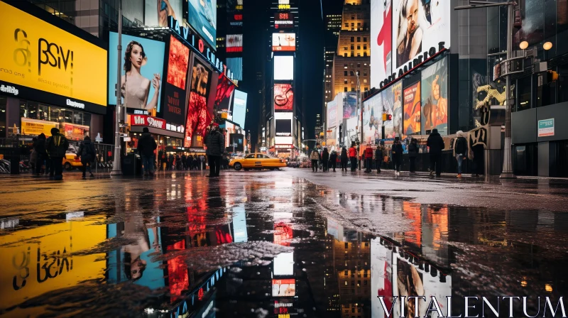 Reflective Puddle in Times Square: An Urban Expressionist Capture AI Image