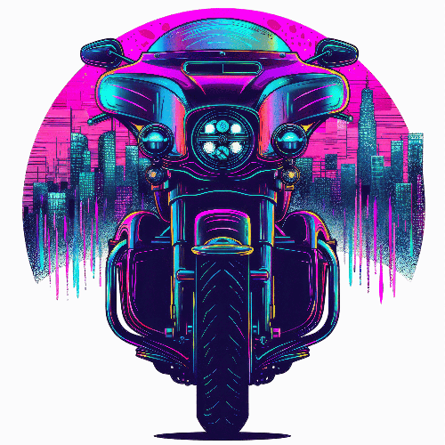 Retrofuturistic Motorcycle and Neon Cityscape Illustration