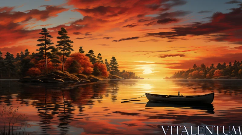 Romantic Lake Landscape under Amber Sky - Art Illustration AI Image
