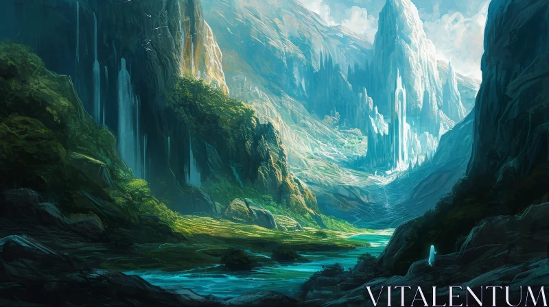 AI ART Scenic Landscape of a Valley with River and Mountains