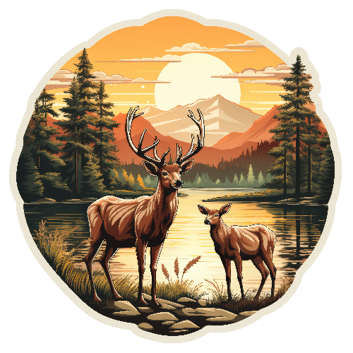 POD Design Serene Forest Lake Scene with Deer - Vector Illustration