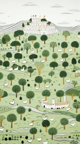 Serene Landscape Illustration with Trees, Castle, and Ducks in Repeating Pattern Style