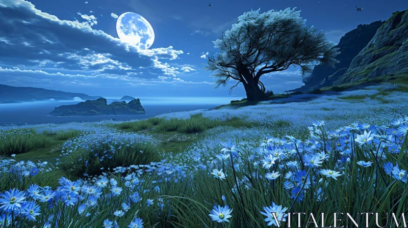 Serene Landscape of Blue Flower Field with Majestic Tree | Full Moon Rising AI Image