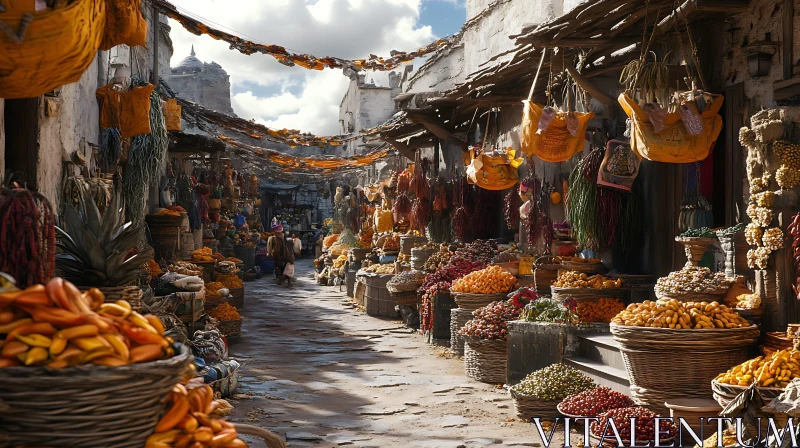 Bustling Marketplace with Baskets of Goods AI Image