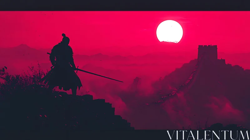 Red Sunset Warrior and Distant Fortress AI Image