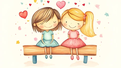 Two Girls on a Bench Cartoon Art