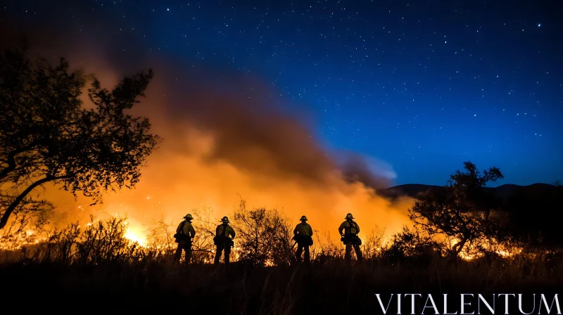 Nighttime Wildfire with Firefighters Silhouetted AI Image