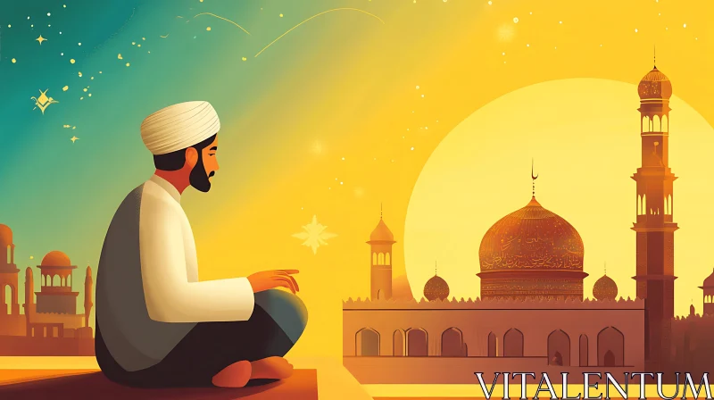 Serene Mosque Illustration with Meditating Man AI Image