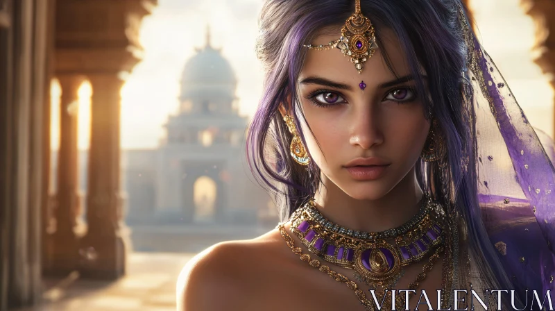 Violet-Eyed Beauty in Golden Adornments AI Image