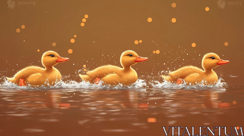 Ducklings in Motion on the Water AI Image