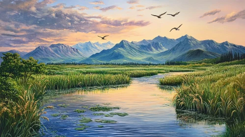 Peaceful Mountain Sunset Landscape with River and Birds