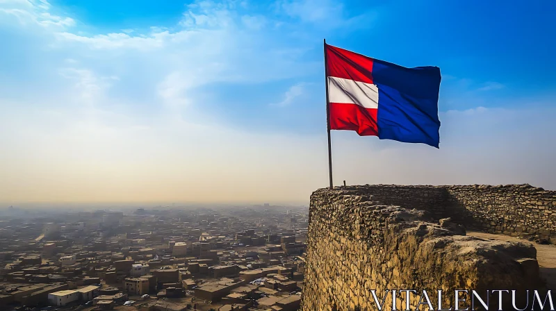 Urban Panorama with Flag and Ancient Wall AI Image