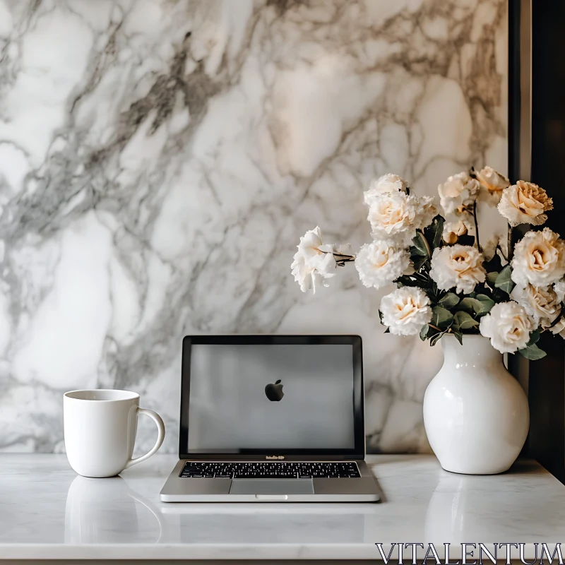 Stylish Office Desk Setup with Flowers and Mug AI Image