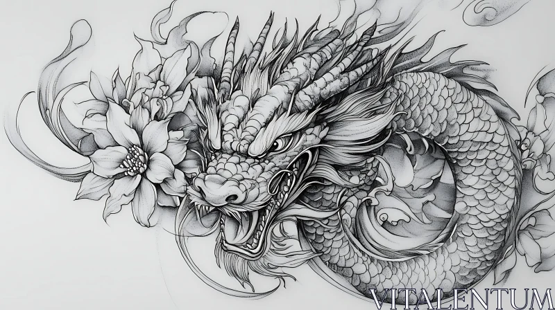 Monochrome Dragon with Floral Design AI Image