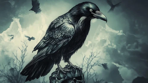 Ominous Raven Perched on Skull