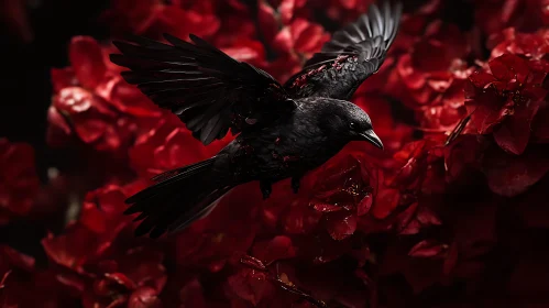 Black Bird and Red Flowers