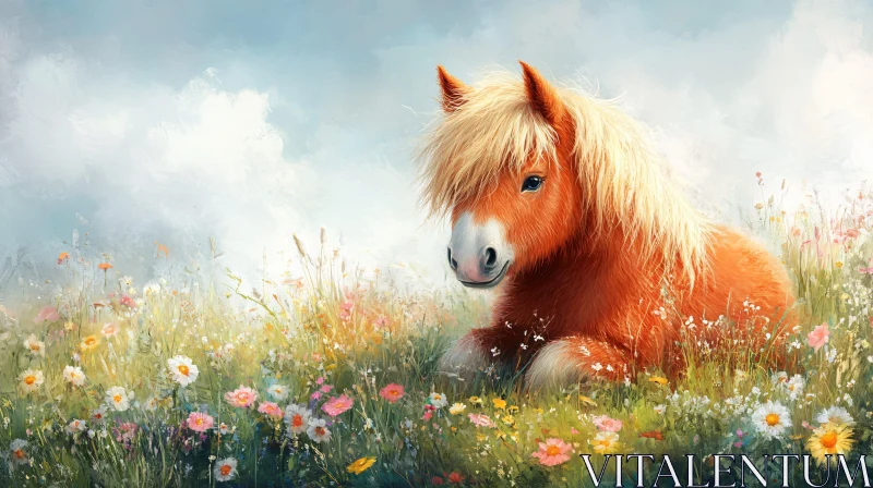 Pony Resting in a Blooming Field AI Image